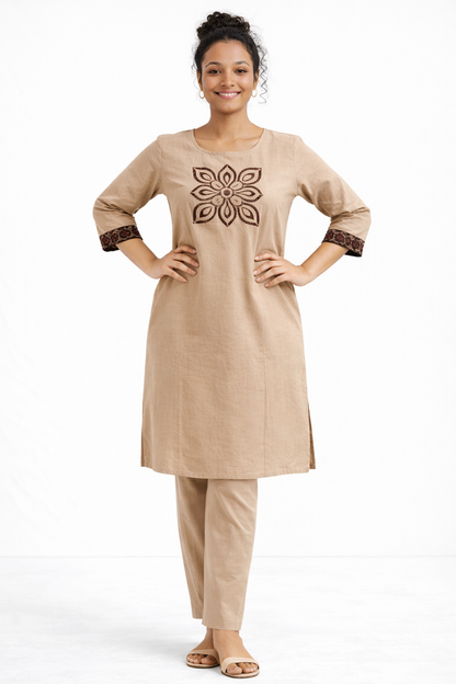 Beige Gamthi Cotton Kurta Set with Embroidered Floral Motif and Printed Dupatta