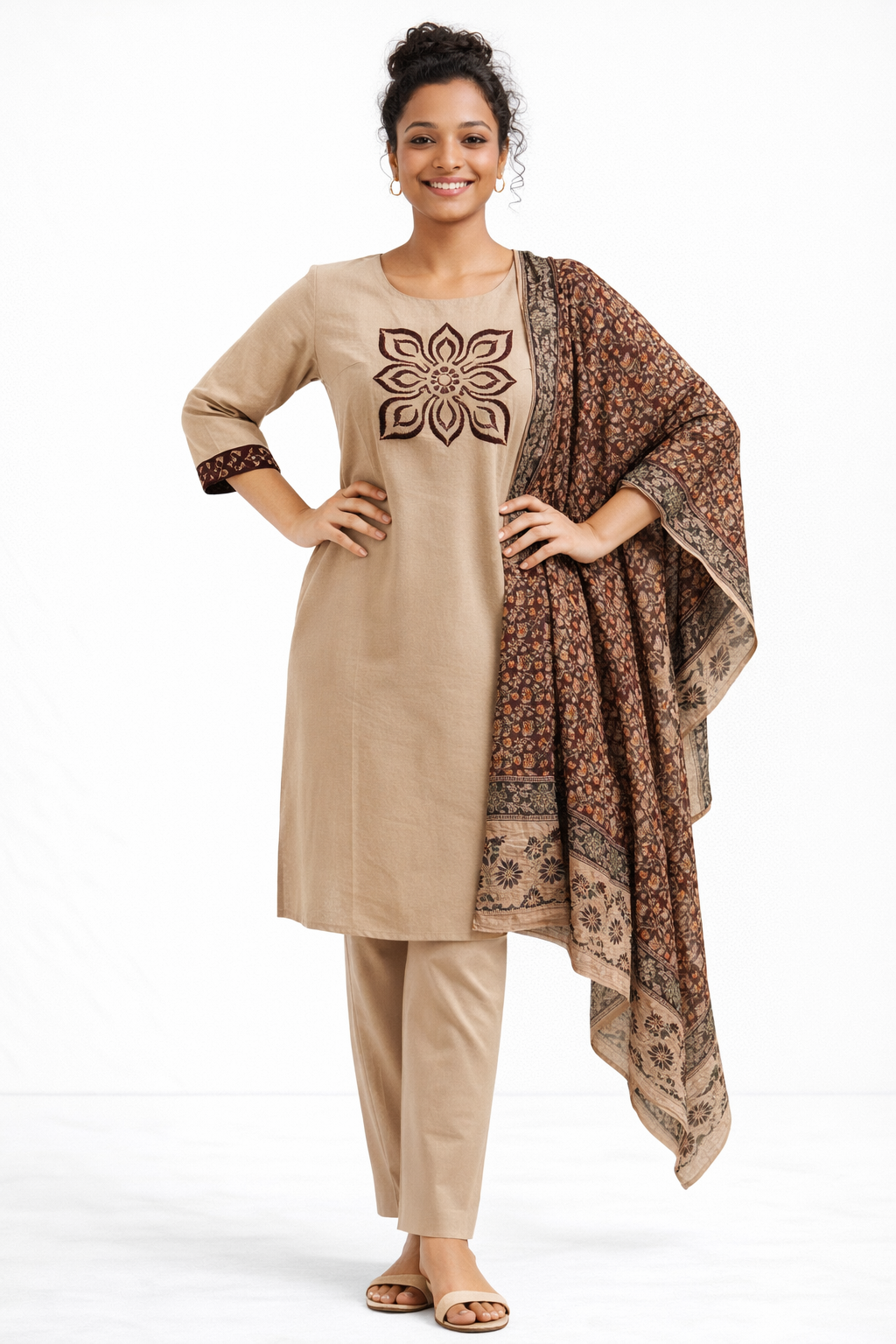 Beige Gamthi Cotton Kurta Set with Embroidered Floral Motif and Printed Dupatta