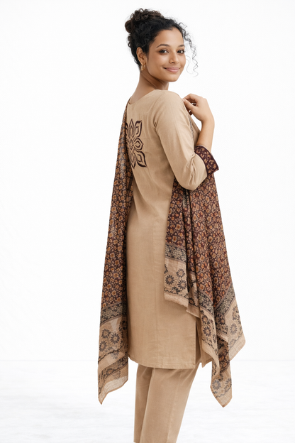 Beige Gamthi Cotton Kurta Set with Embroidered Floral Motif and Printed Dupatta