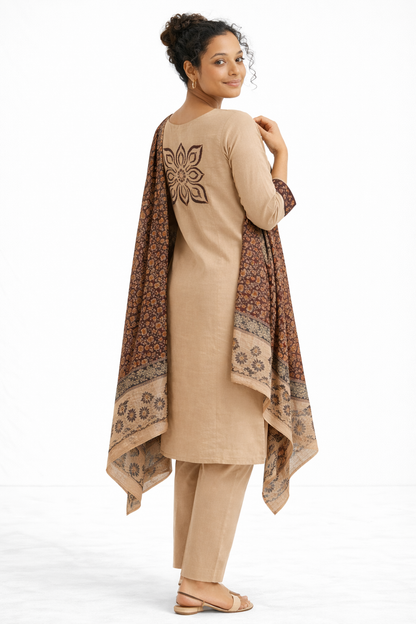 Beige Gamthi Cotton Kurta Set with Embroidered Floral Motif and Printed Dupatta