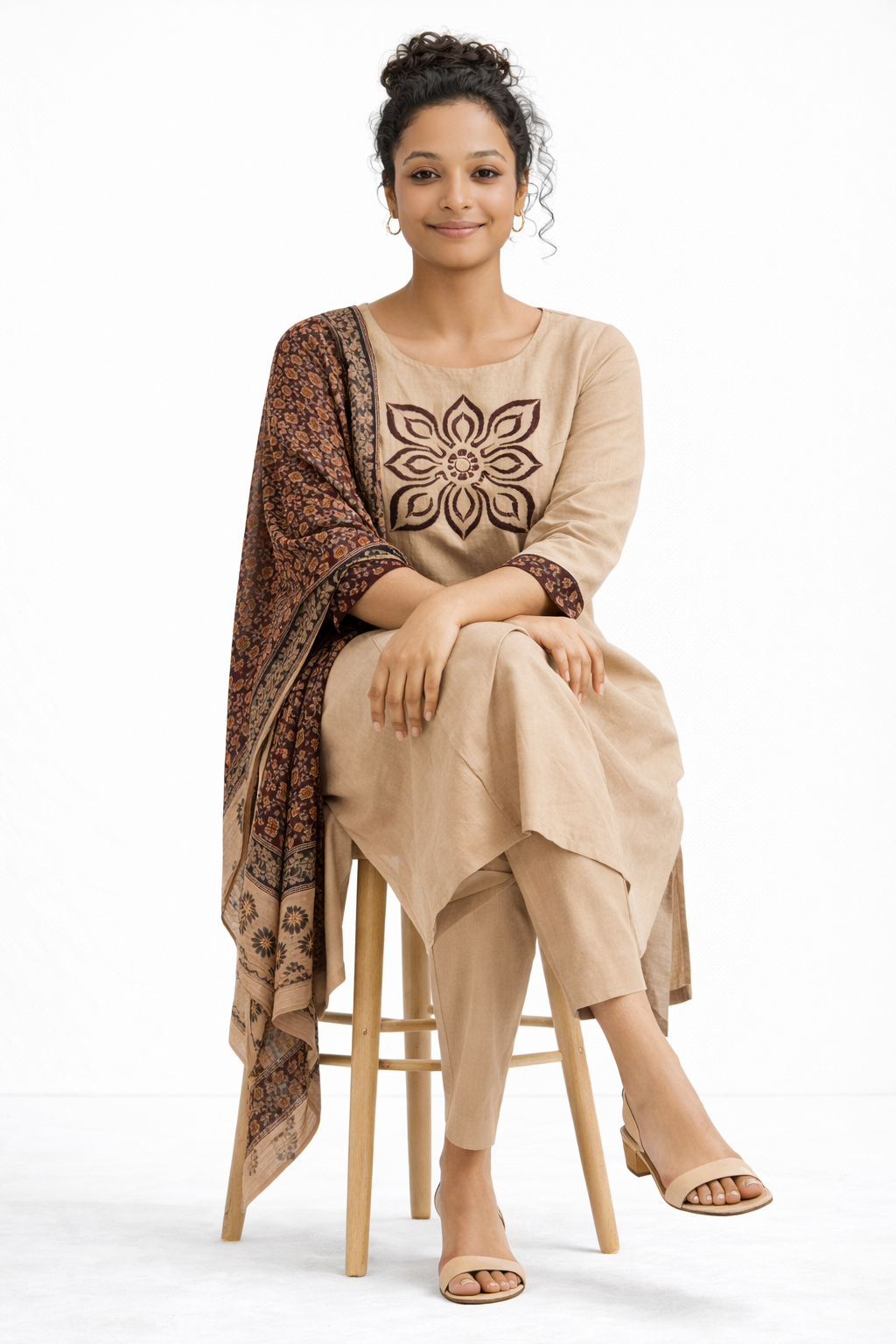 Beige Gamthi Cotton Kurta Set with Embroidered Floral Motif and Printed Dupatta