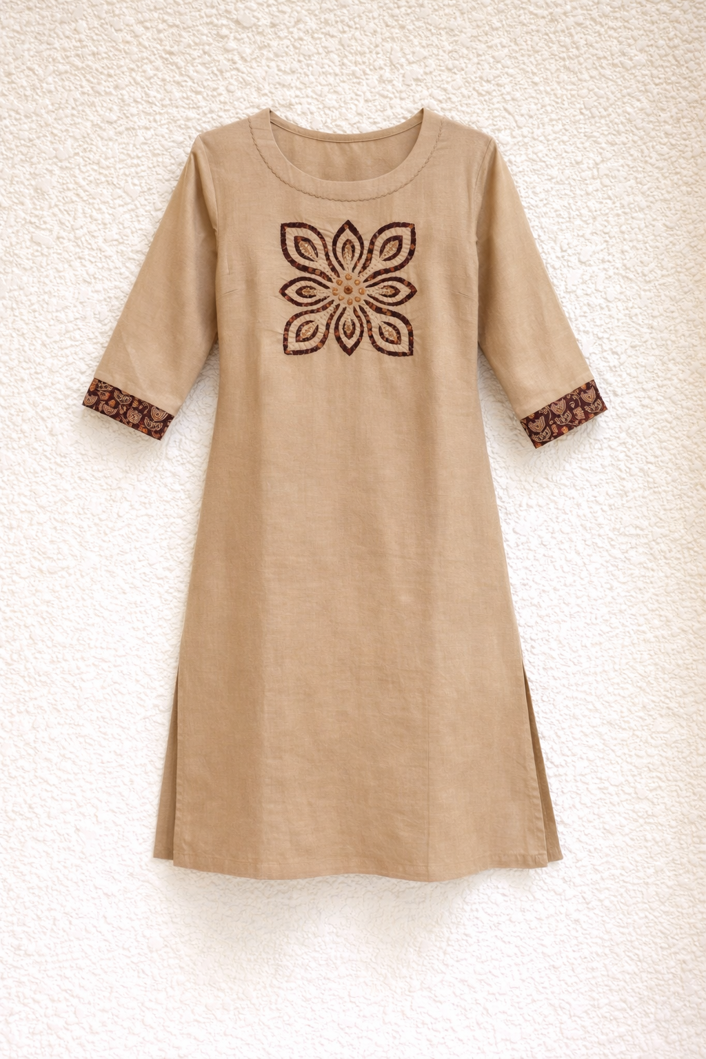 Beige Gamthi Cotton Kurta Set with Embroidered Floral Motif and Printed Dupatta