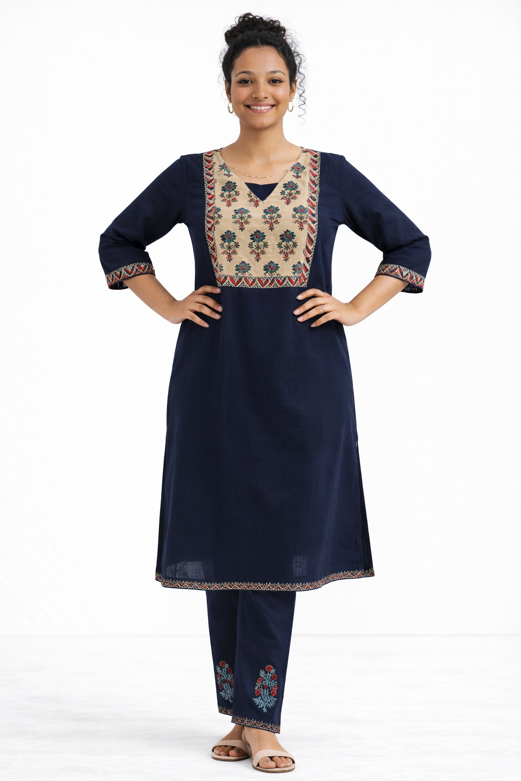 Navy Blue Gamthi Cotton Kurta Set with Printed Yoke and Floral Dupatta