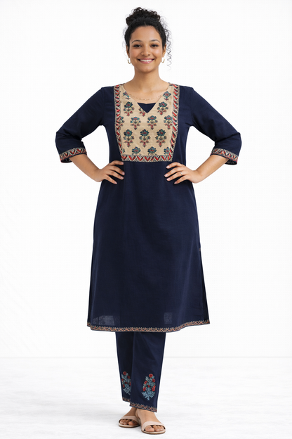 Navy Blue Gamthi Cotton Kurta Set with Printed Yoke and Floral Dupatta