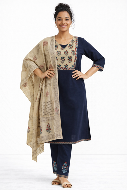 Navy Blue Gamthi Cotton Kurta Set with Printed Yoke and Floral Dupatta