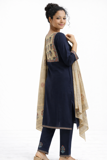 Navy Blue Gamthi Cotton Kurta Set with Printed Yoke and Floral Dupatta