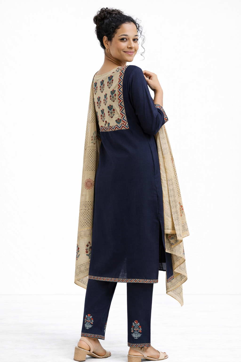 Navy Blue Gamthi Cotton Kurta Set with Printed Yoke and Floral Dupatta