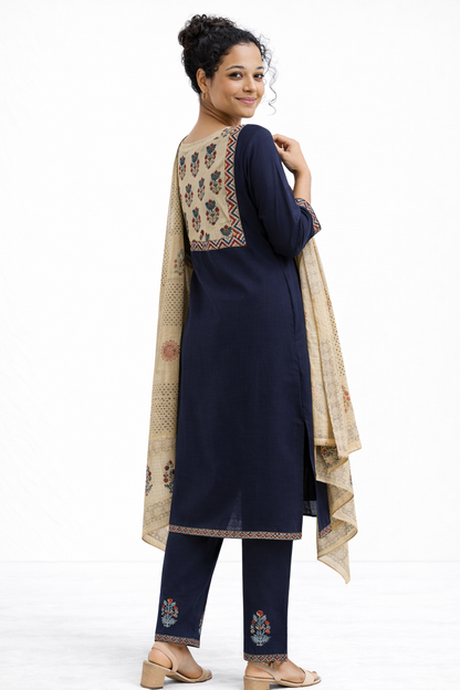 Navy Blue Gamthi Cotton Kurta Set with Printed Yoke and Floral Dupatta