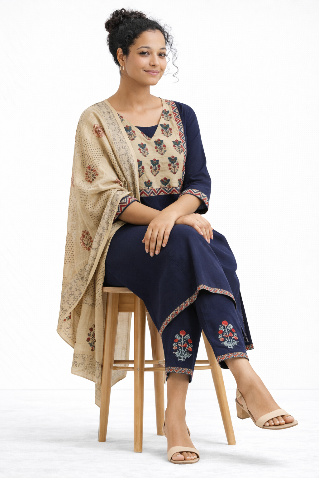 Navy Blue Gamthi Cotton Kurta Set with Printed Yoke and Floral Dupatta