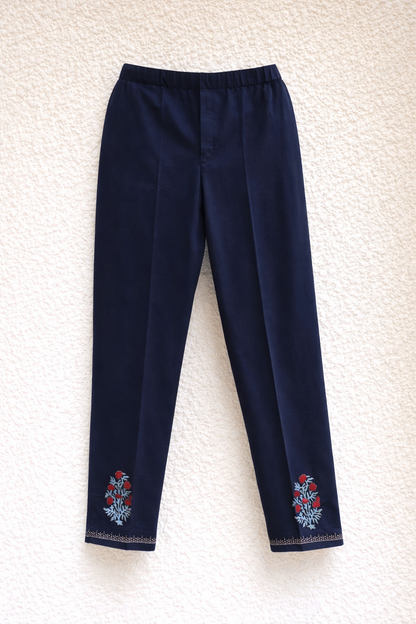 Navy Blue Gamthi Cotton Kurta Set with Printed Yoke and Floral Dupatta
