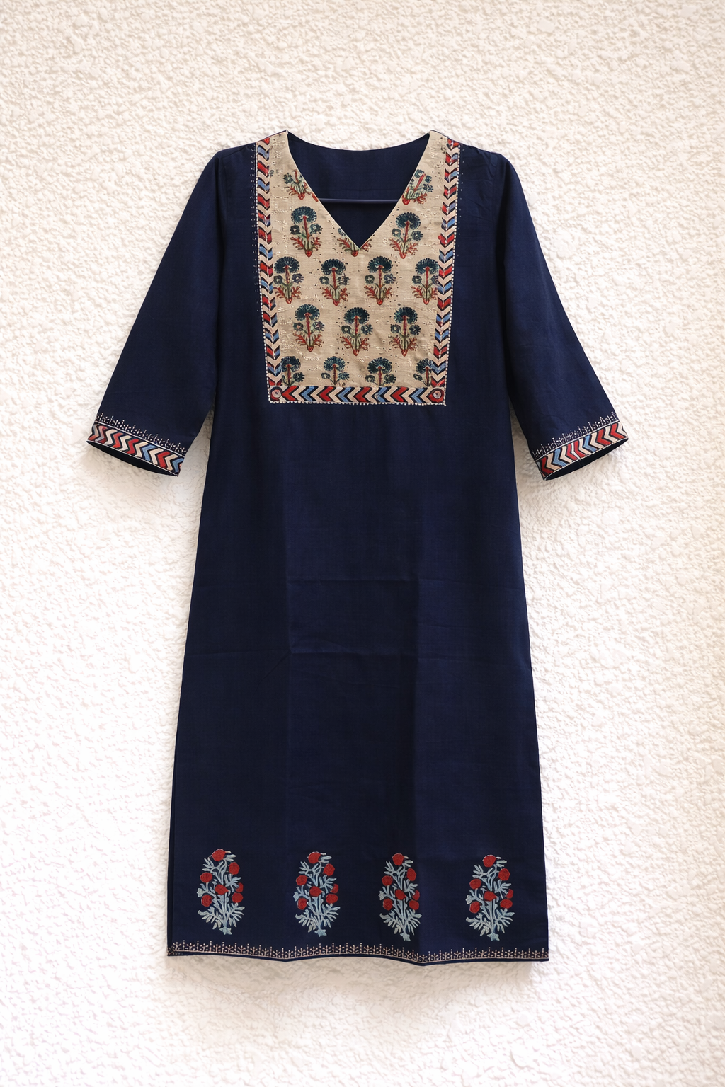 Navy Blue Gamthi Cotton Kurta Set with Printed Yoke and Floral Dupatta