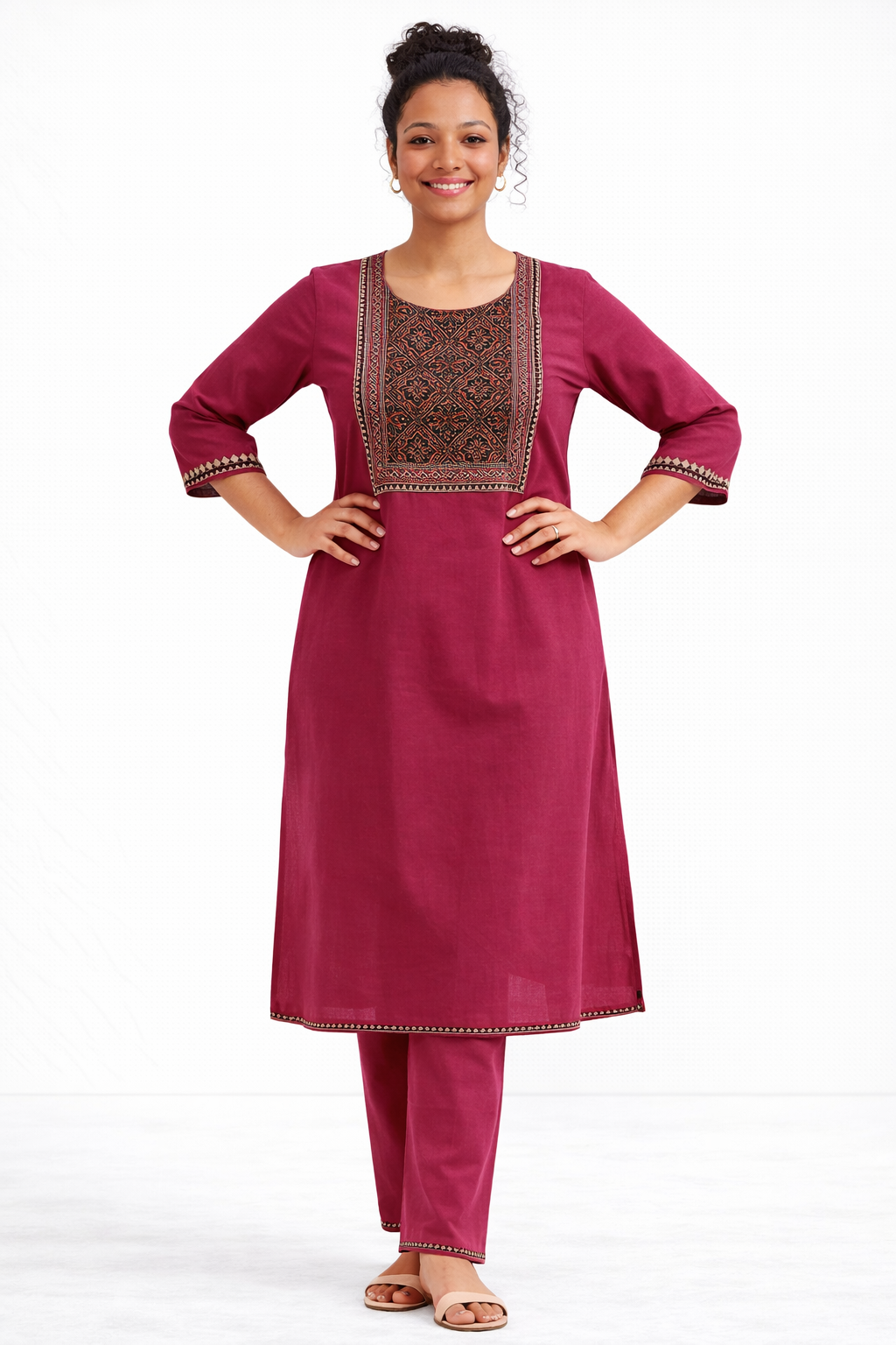 Maroon Gamthi Cotton Kurta Set with Embroidered Yoke and Printed Dupatta