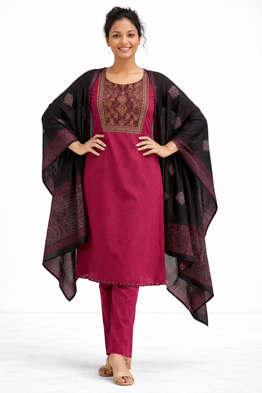 Maroon Gamthi Cotton Kurta Set with Embroidered Yoke and Printed Dupatta