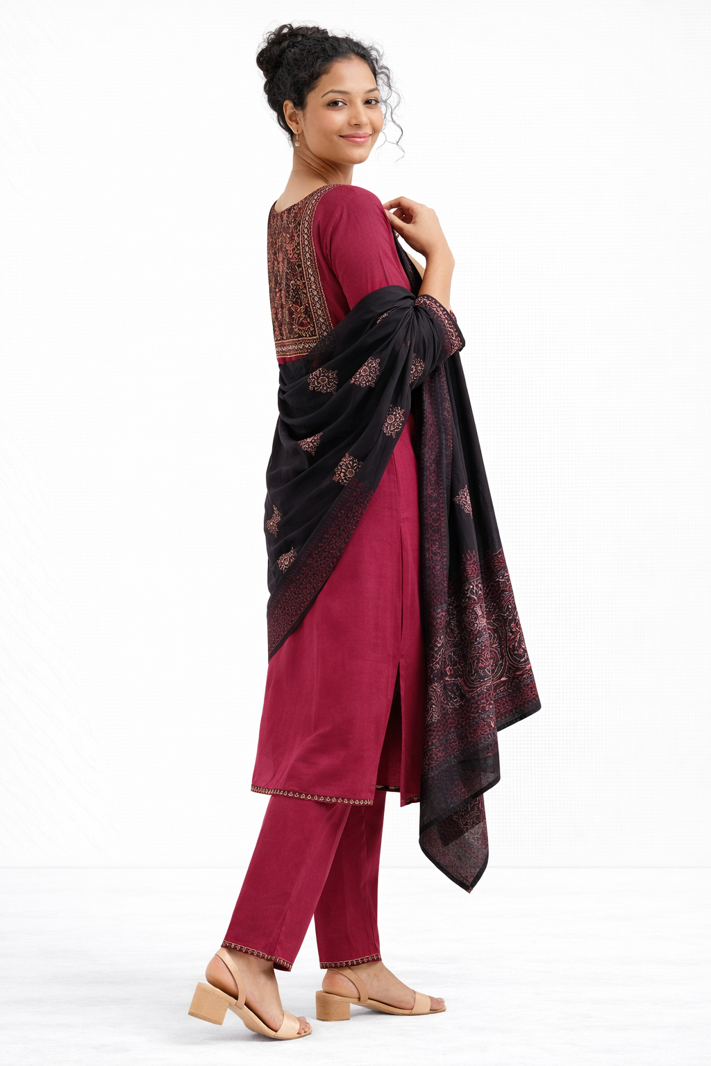 Maroon Gamthi Cotton Kurta Set with Embroidered Yoke and Printed Dupatta
