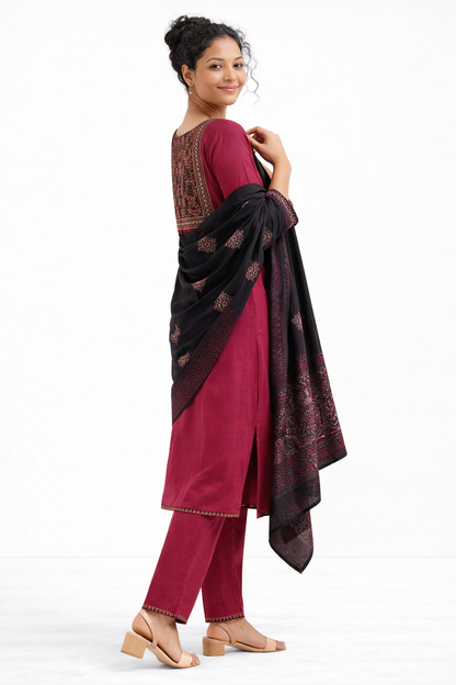 Maroon Gamthi Cotton Kurta Set with Embroidered Yoke and Printed Dupatta