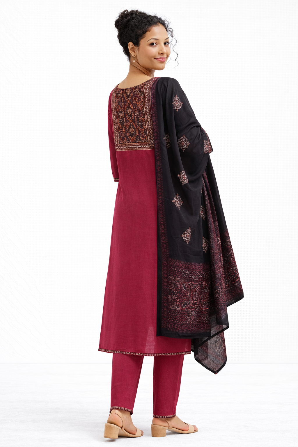 Maroon Gamthi Cotton Kurta Set with Embroidered Yoke and Printed Dupatta