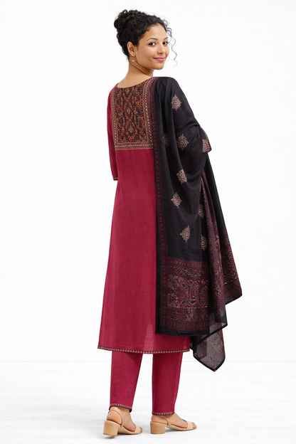 Maroon Gamthi Cotton Kurta Set with Embroidered Yoke and Printed Dupatta