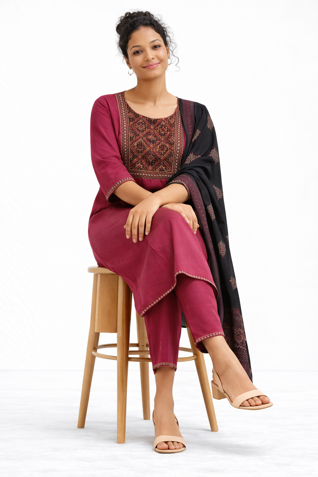Maroon Gamthi Cotton Kurta Set with Embroidered Yoke and Printed Dupatta