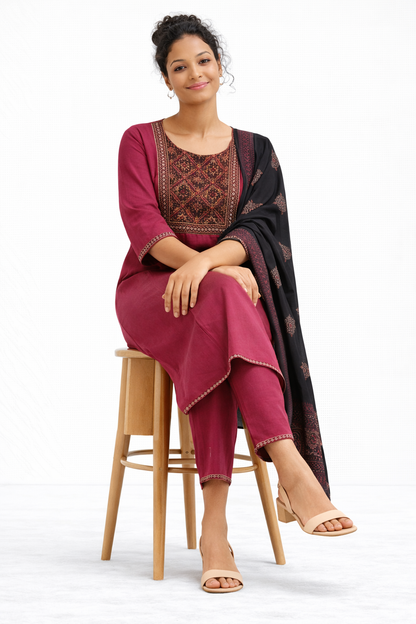 Maroon Gamthi Cotton Kurta Set with Embroidered Yoke and Printed Dupatta
