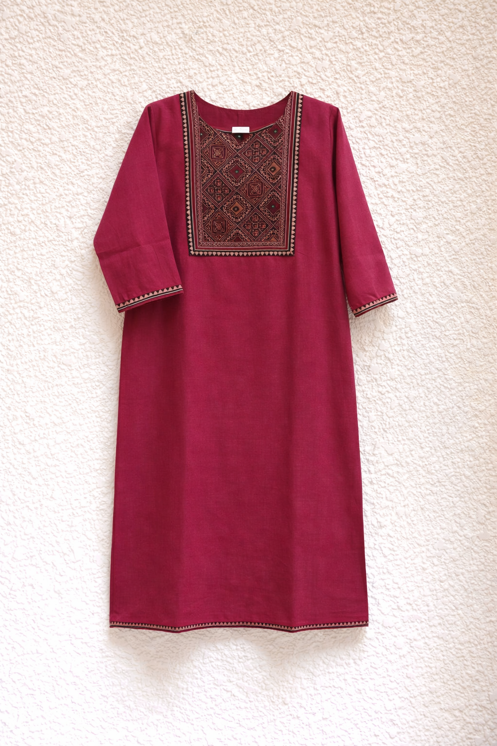 Maroon Gamthi Cotton Kurta Set with Embroidered Yoke and Printed Dupatta