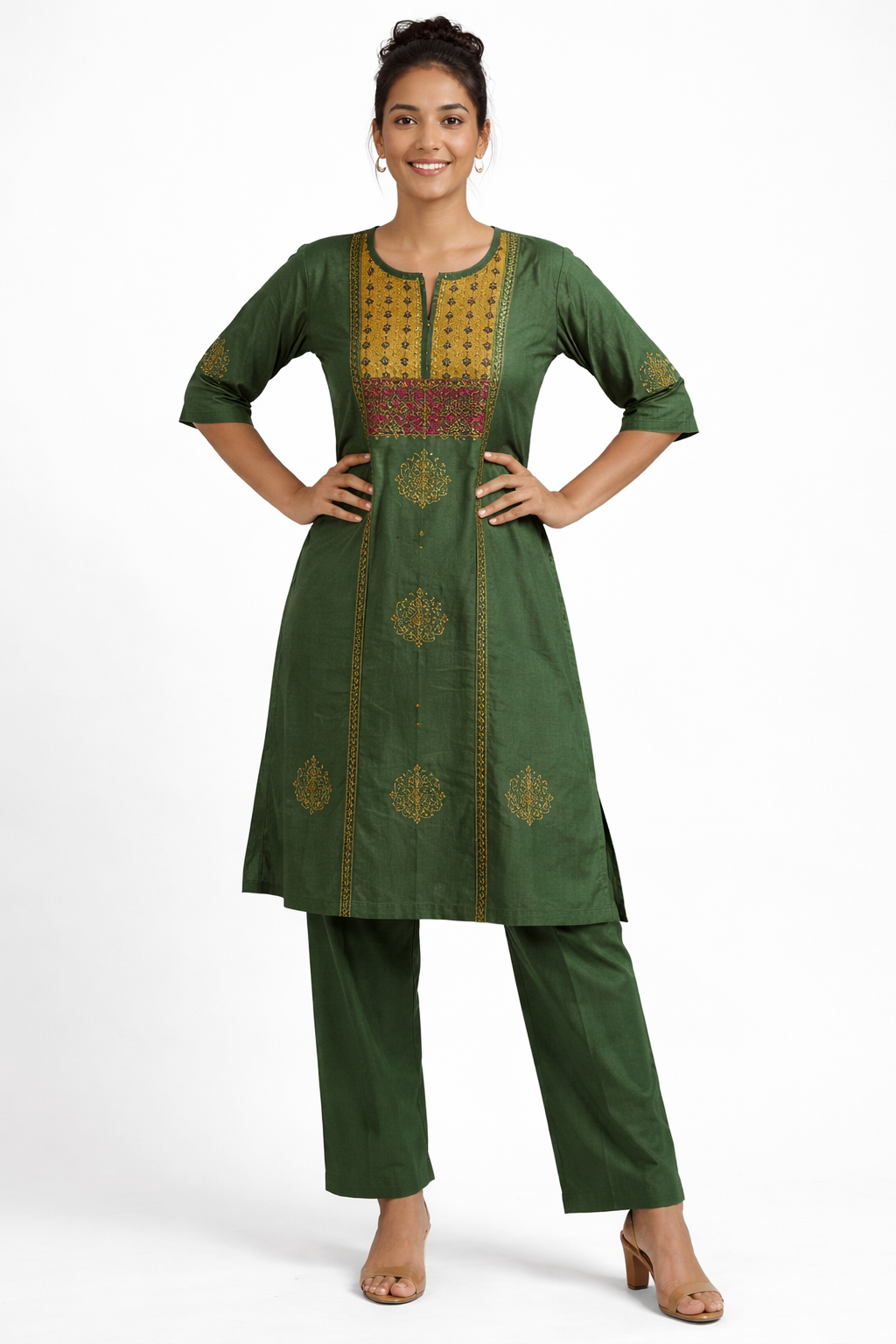 Green Gamthi Cotton Kurta Set with Embroidered Floral Motifs and Printed Dupatta