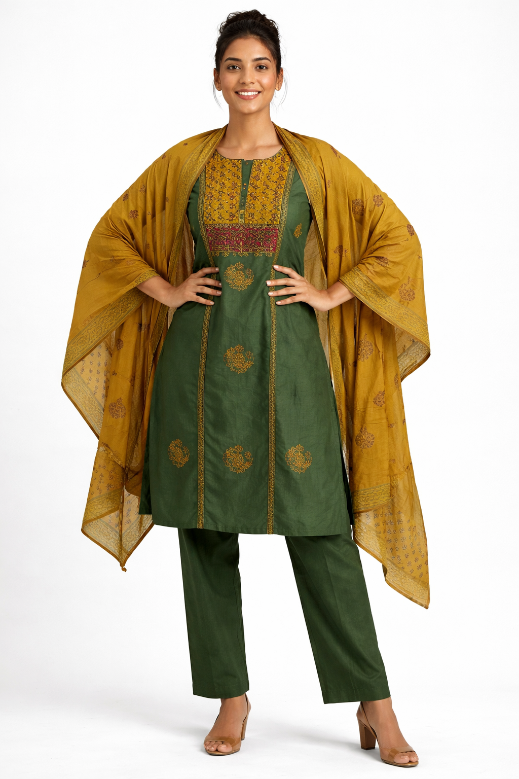 Green Gamthi Cotton Kurta Set with Embroidered Floral Motifs and Printed Dupatta