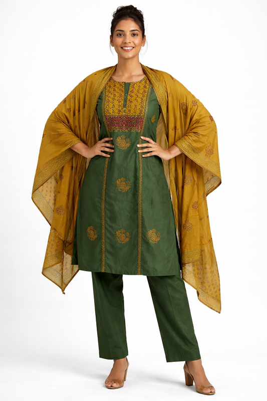 Green Gamthi Cotton Kurta Set with Embroidered Floral Motifs and Printed Dupatta