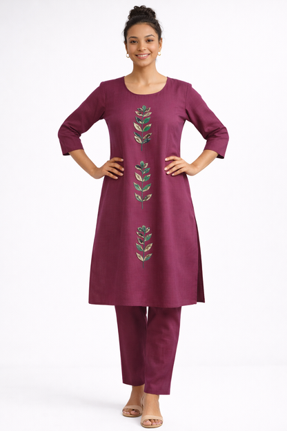 Maroon Gamthi Cotton Kurta Set with Leaf Embroidery and Floral Dupatta