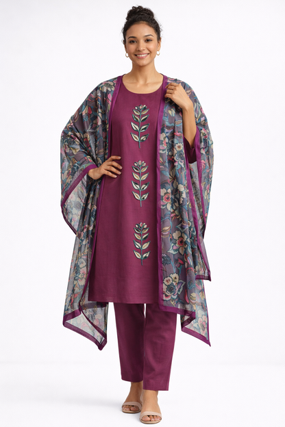 Maroon Gamthi Cotton Kurta Set with Leaf Embroidery and Floral Dupatta