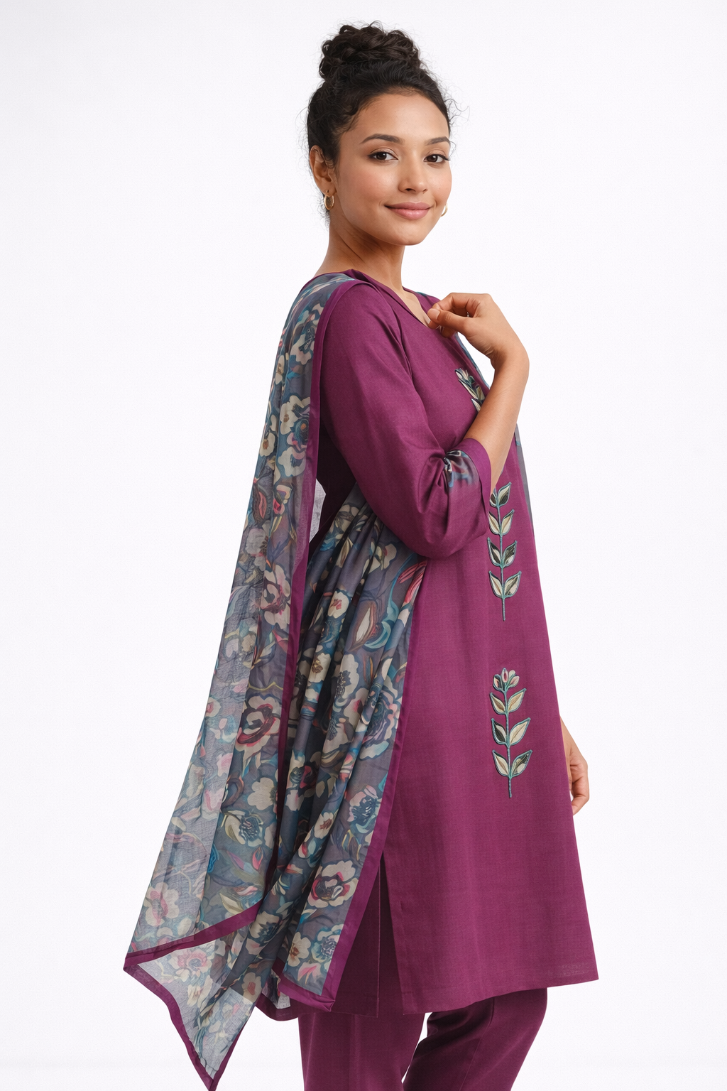 Maroon Gamthi Cotton Kurta Set with Leaf Embroidery and Floral Dupatta