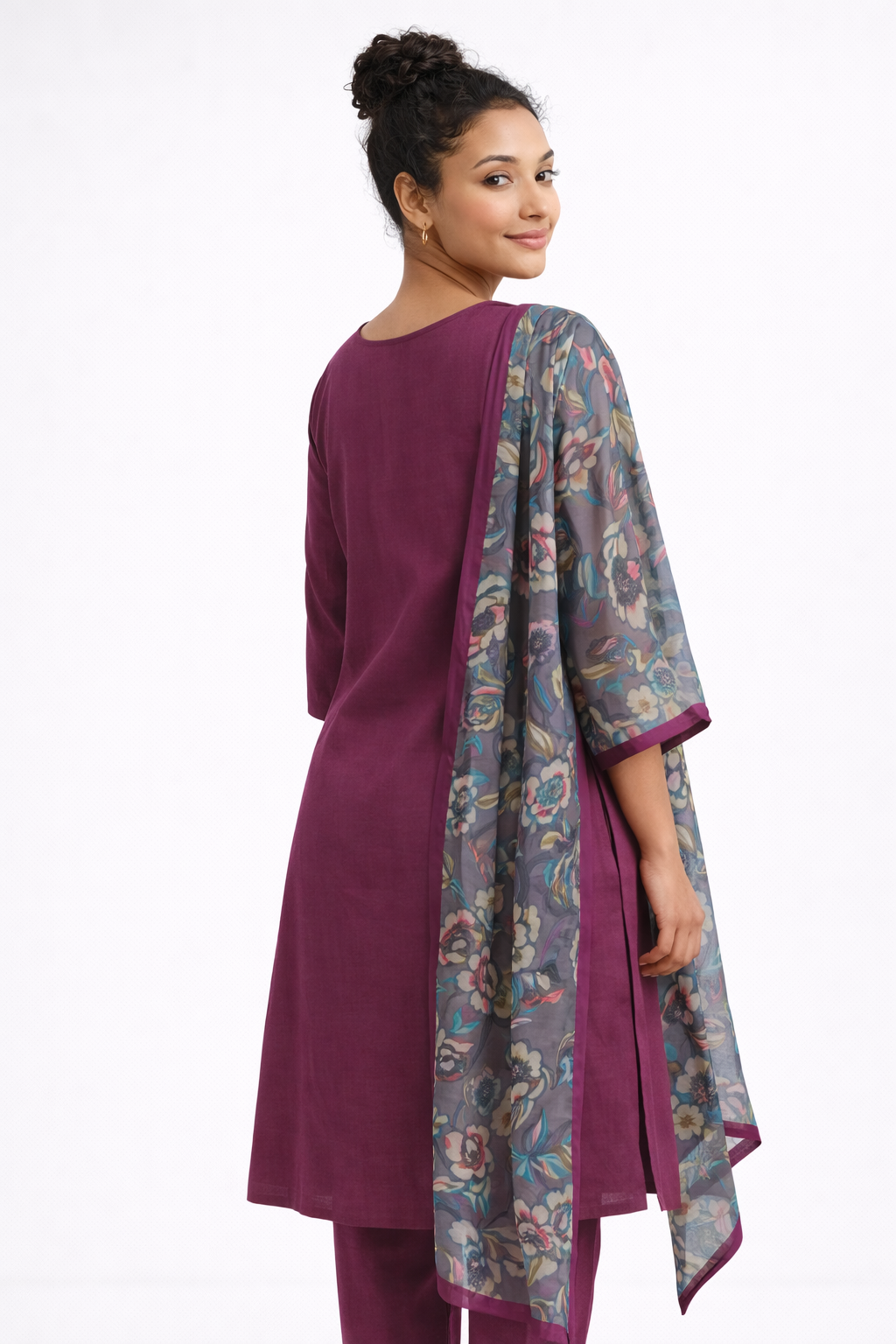 Maroon Gamthi Cotton Kurta Set with Leaf Embroidery and Floral Dupatta