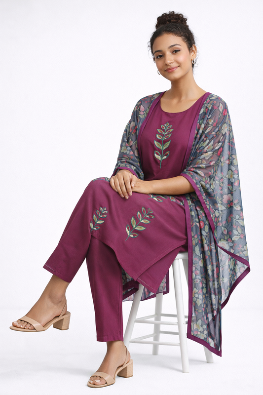 Maroon Gamthi Cotton Kurta Set with Leaf Embroidery and Floral Dupatta
