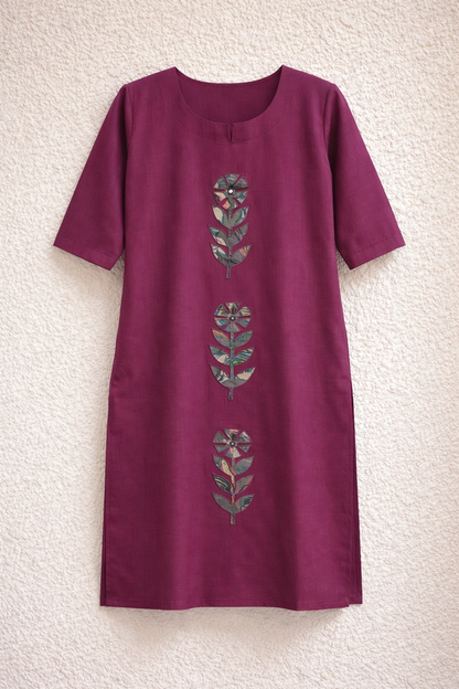 Maroon Gamthi Cotton Kurta Set with Leaf Embroidery and Floral Dupatta