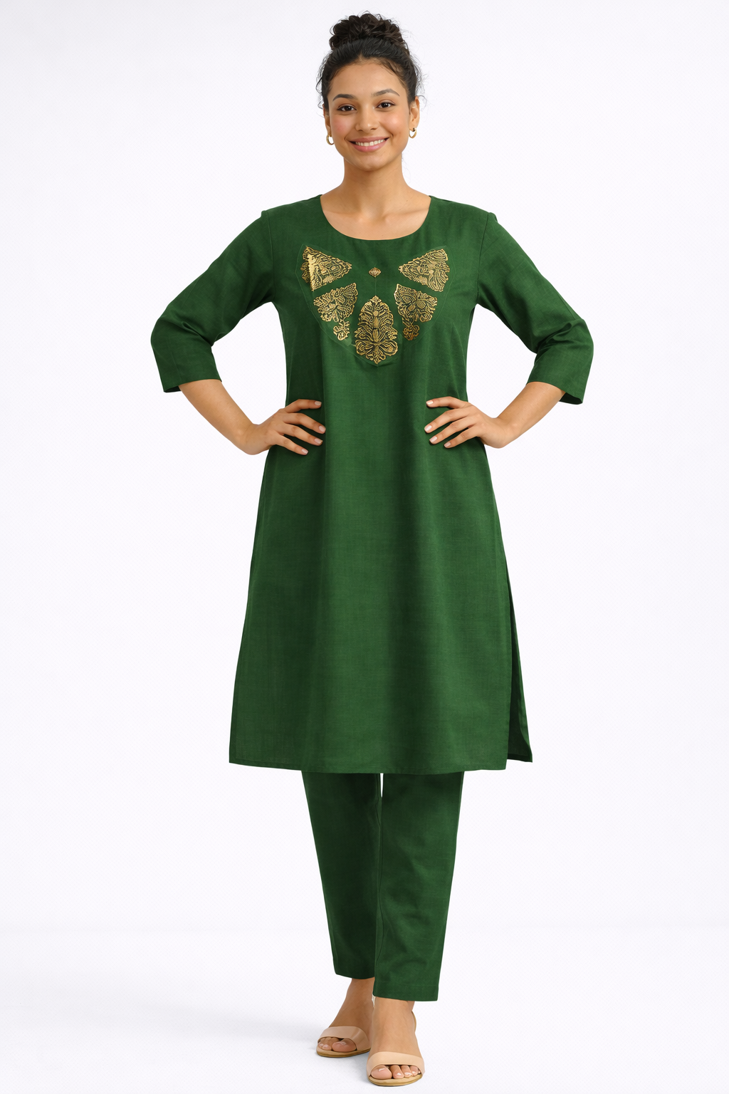 Bottle Green Rayon Embroidered Straight Kurta Set with Golden Floral Printed Dupatta