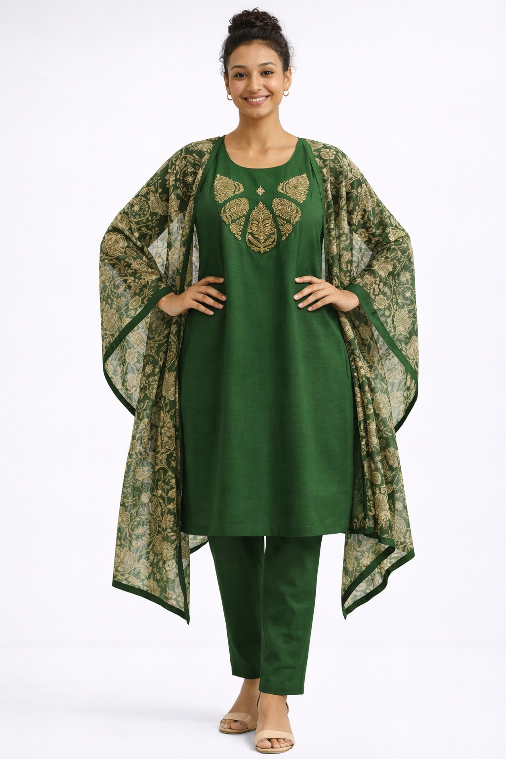 Bottle Green Rayon Embroidered Straight Kurta Set with Golden Floral Printed Dupatta