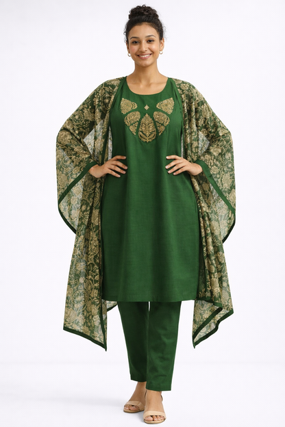 Bottle Green Rayon Embroidered Straight Kurta Set with Golden Floral Printed Dupatta