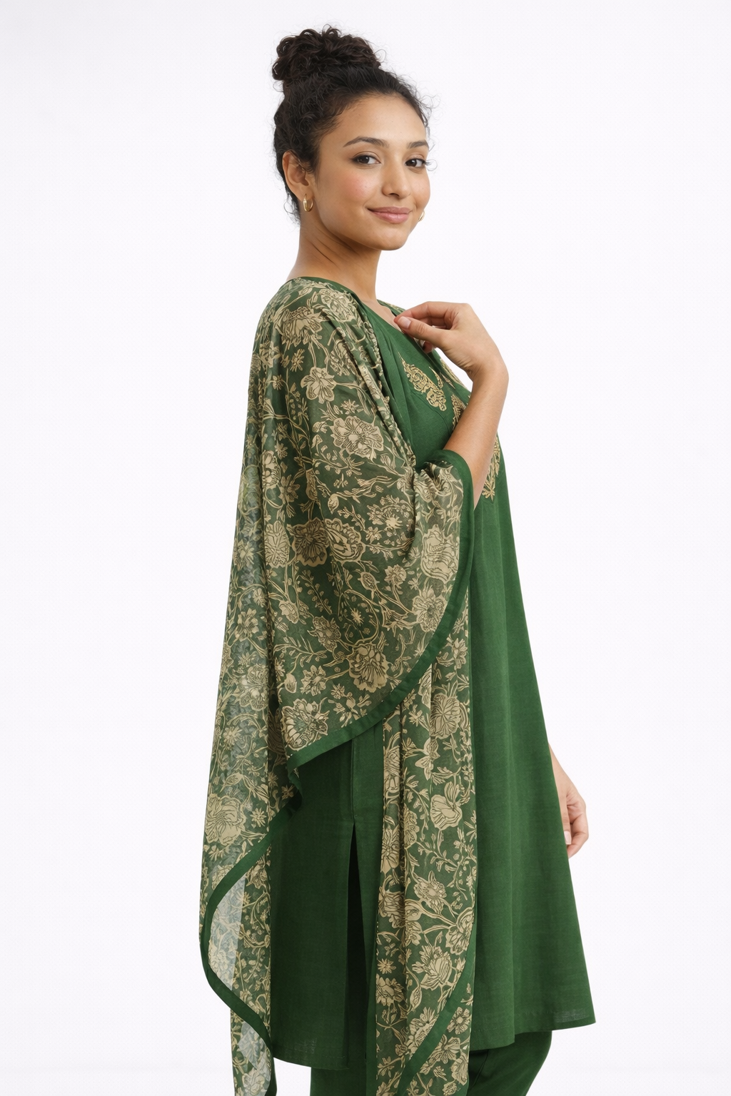 Bottle Green Rayon Embroidered Straight Kurta Set with Golden Floral Printed Dupatta