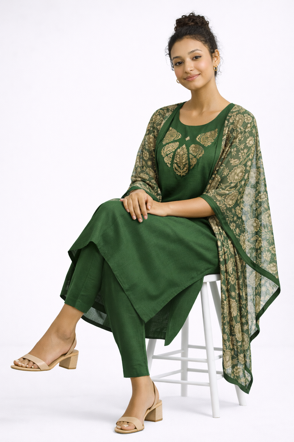 Bottle Green Rayon Embroidered Straight Kurta Set with Golden Floral Printed Dupatta