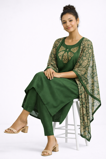 Bottle Green Rayon Embroidered Straight Kurta Set with Golden Floral Printed Dupatta