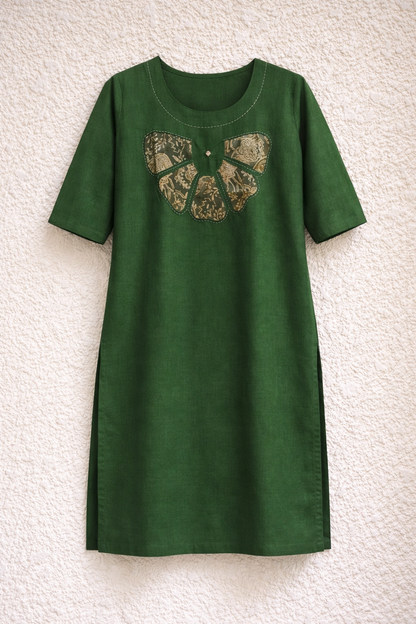 Bottle Green Rayon Embroidered Straight Kurta Set with Golden Floral Printed Dupatta