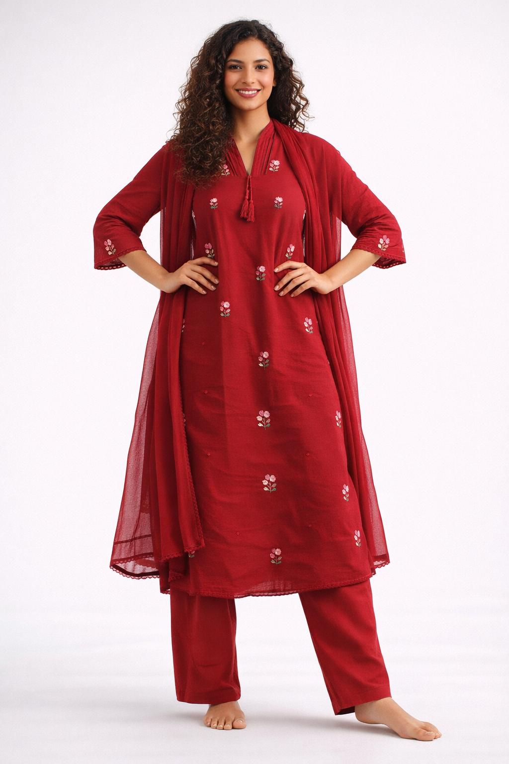 Scarlet Blossom Jaipur Cotton Red Kurtha Set