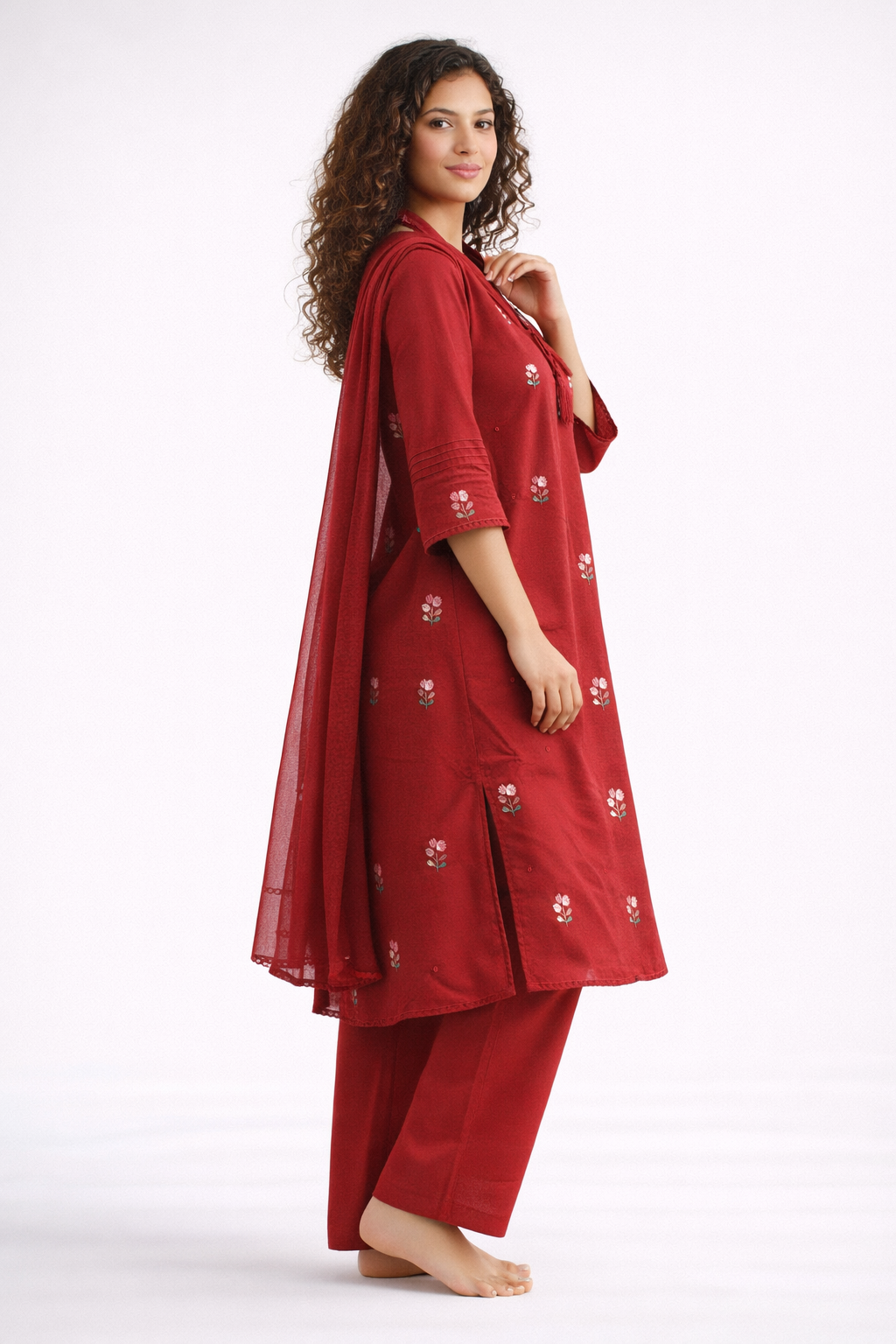 Scarlet Blossom Jaipur Cotton Red Kurtha Set