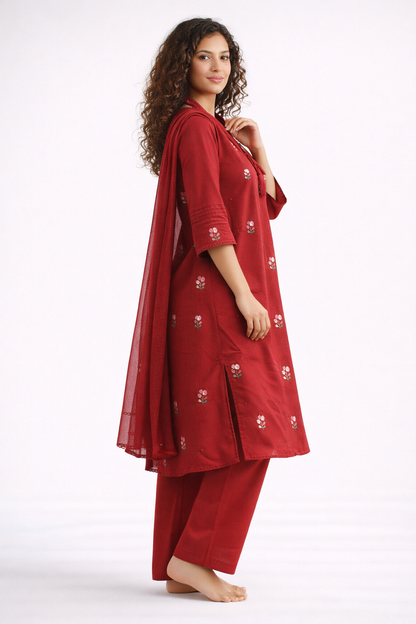 Scarlet Blossom Jaipur Cotton Red Kurtha Set