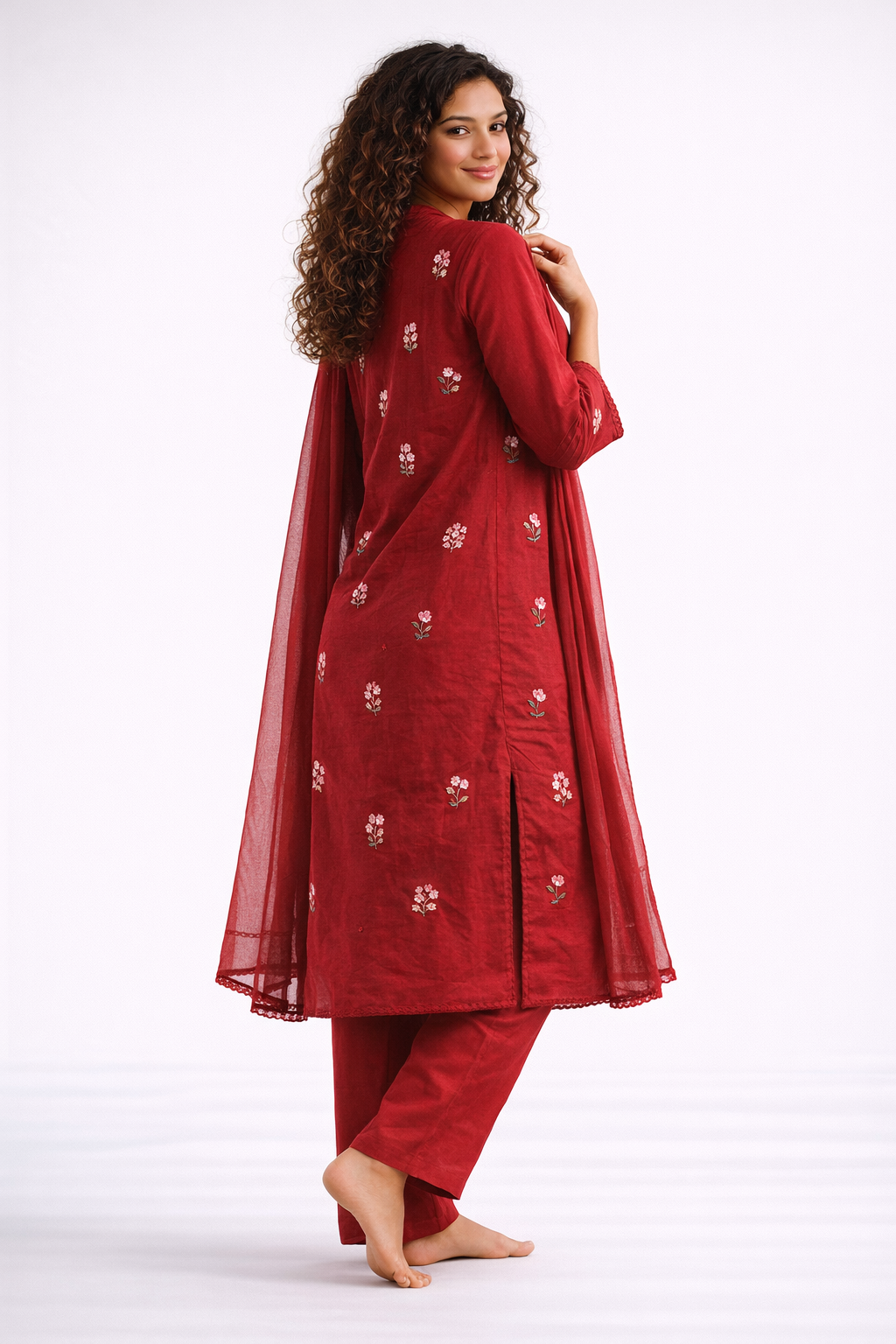Scarlet Blossom Jaipur Cotton Red Kurtha Set