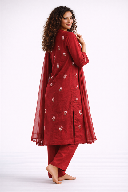 Scarlet Blossom Jaipur Cotton Red Kurtha Set