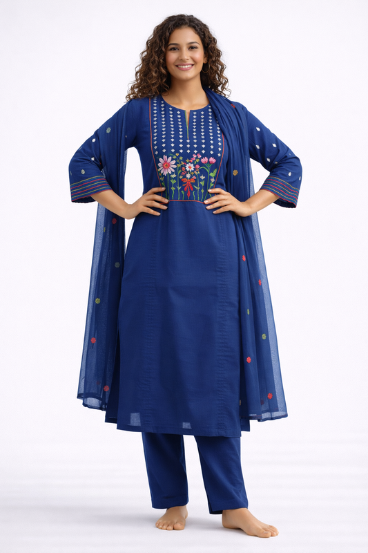 Indigo Floral Jaipur Cotton Kurtha Set