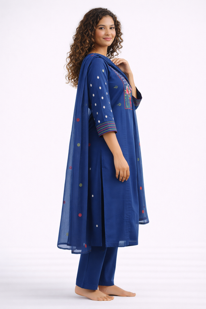 Indigo Floral Jaipur Cotton Kurtha Set