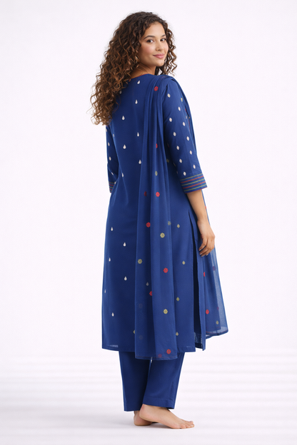 Indigo Floral Jaipur Cotton Kurtha Set