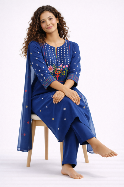 Indigo Floral Jaipur Cotton Kurtha Set
