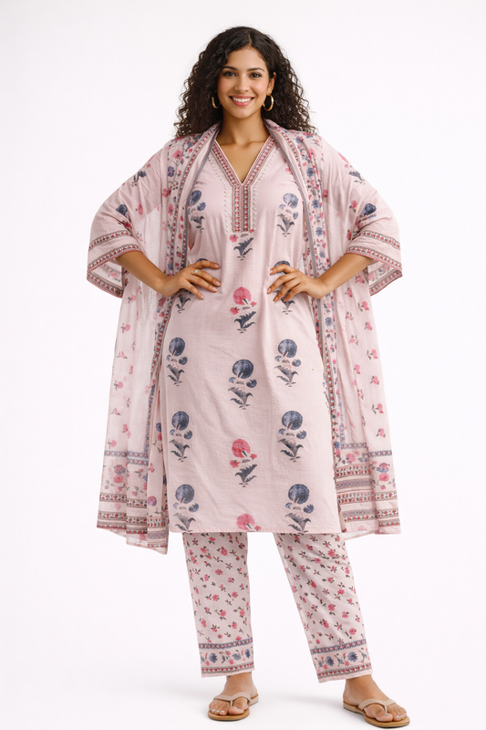 Blush Floral Jaipur Cotton Kurtha Set
